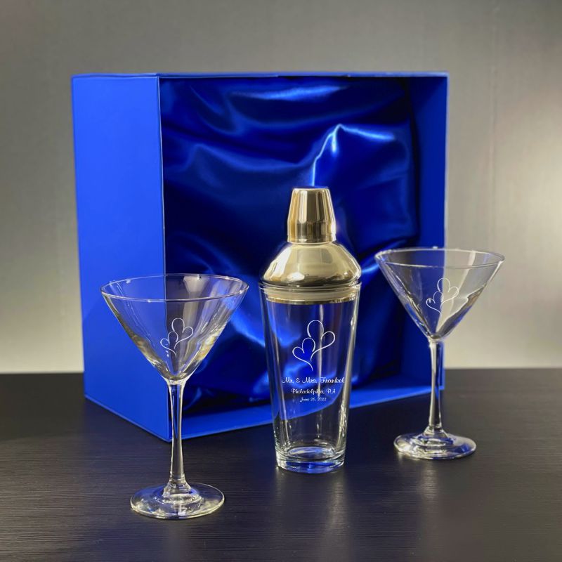 Engravable Jazz Glass Martini Shaker with 2 Stemmed Glasses in Blue Gift Box