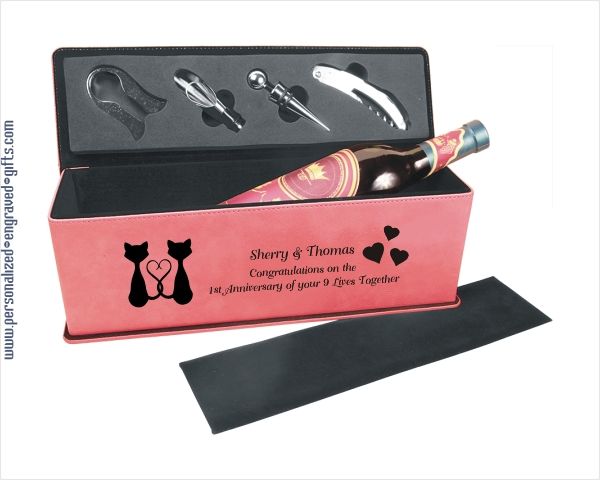 Personalized Pink Leatherette Wine Box with Wine Tools