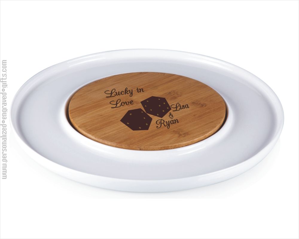 Custom Engraved Bamboo and White Ceramic Serving Tray - The Wheel