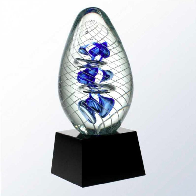 Oval Glass Figure with Geometric lines and Blue Inner Shapes - William
