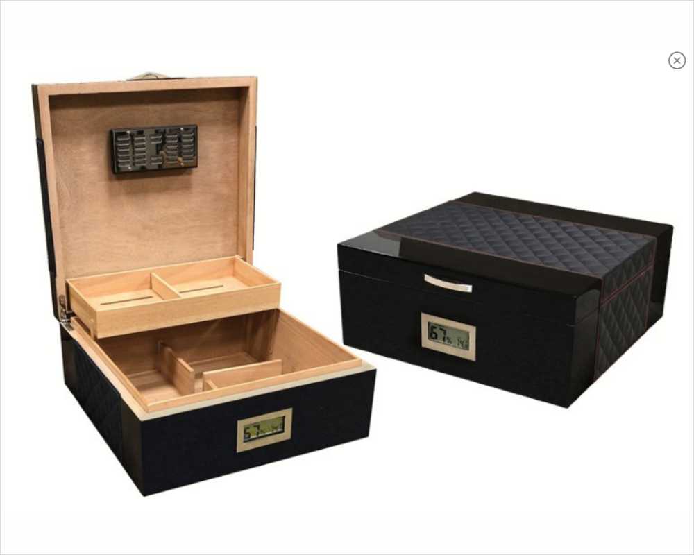 Personalized Black Lacquer Finish Humidor with Bonded Leather Accent- Taina Black