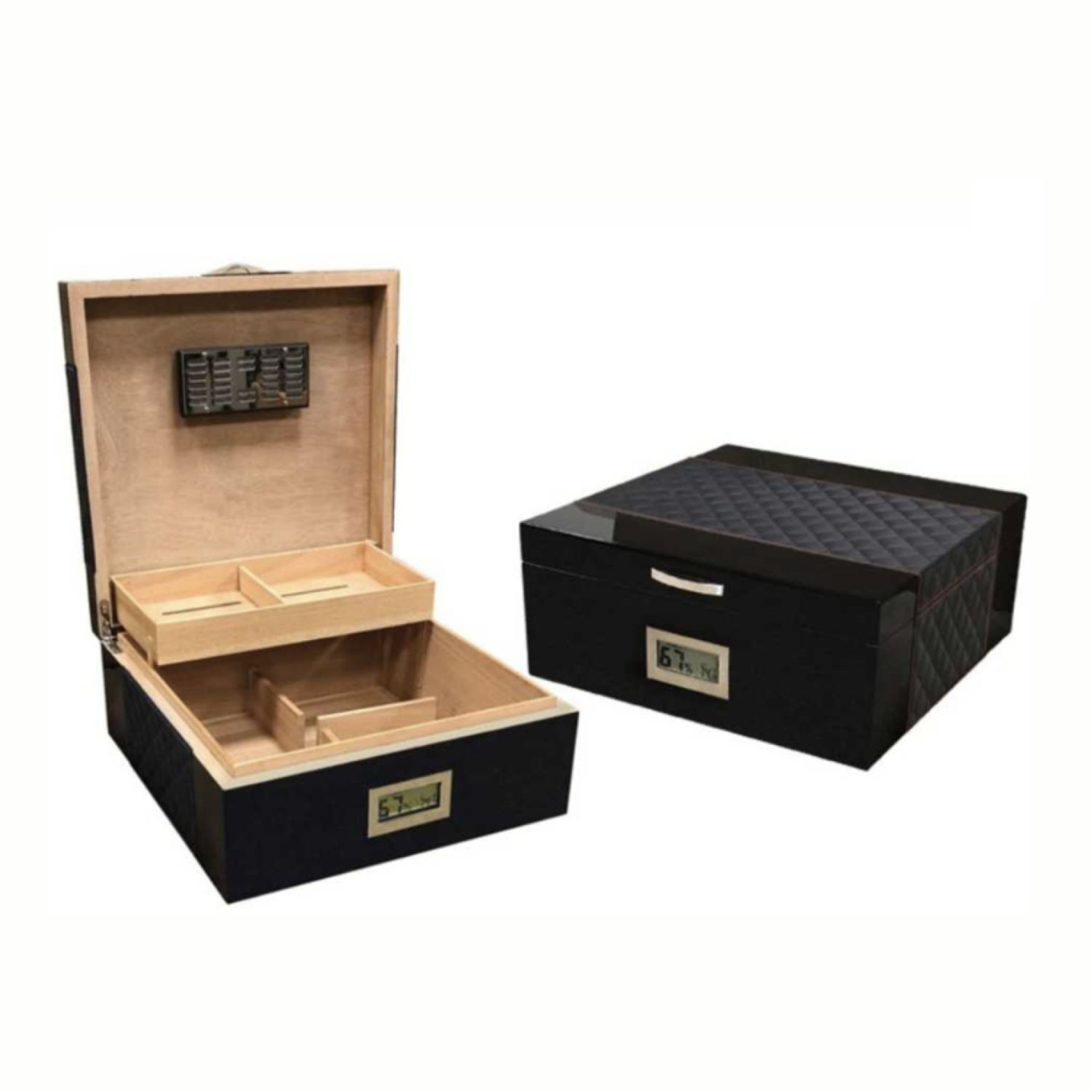 Personalized Black Lacquer Finish Humidor with Bonded Leather Accent- Taina Black