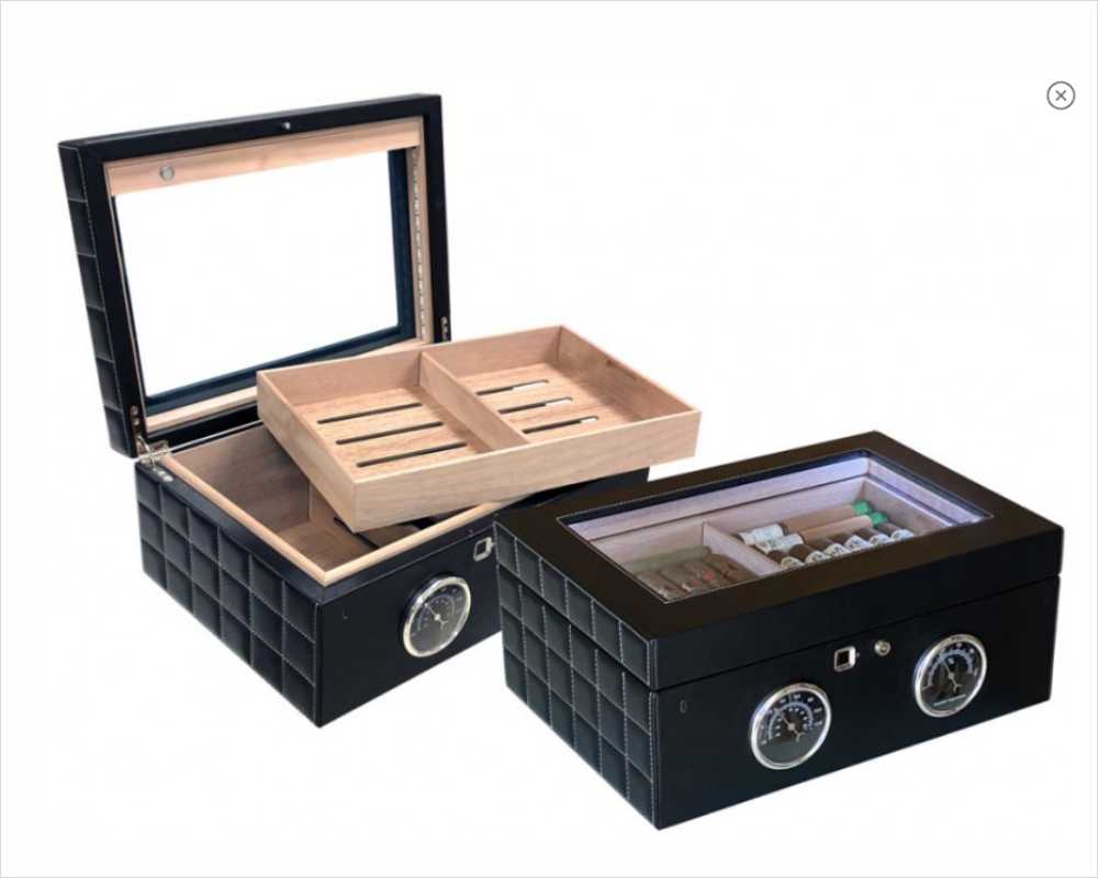 Personalized Black Leather with White Stitching and Glass Top Humidor Langston