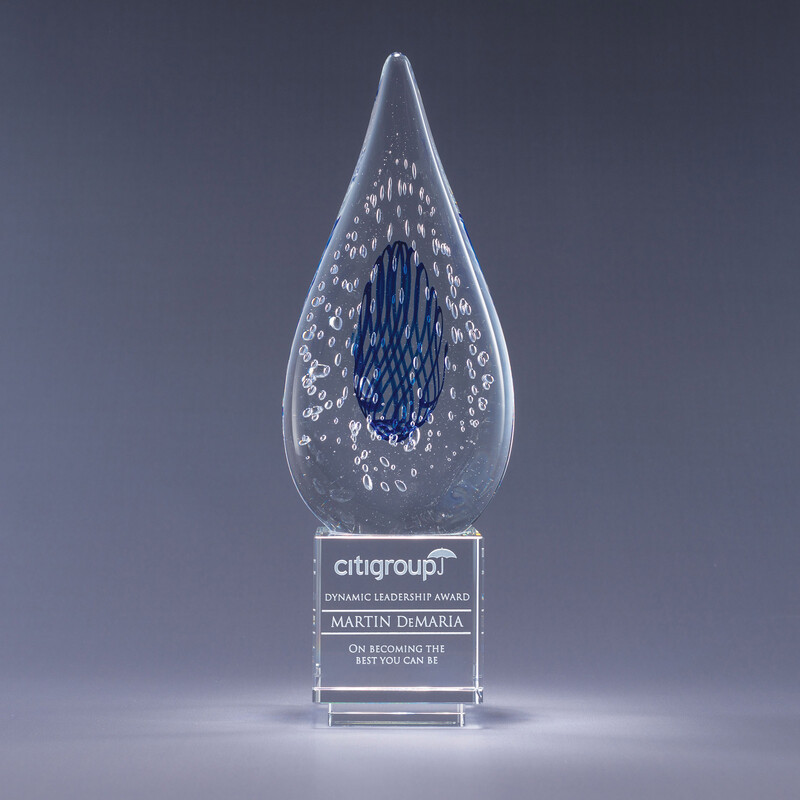 Personalized Engraved Art Glass Teardrop Award with Suspended Air Bubbles- Lila