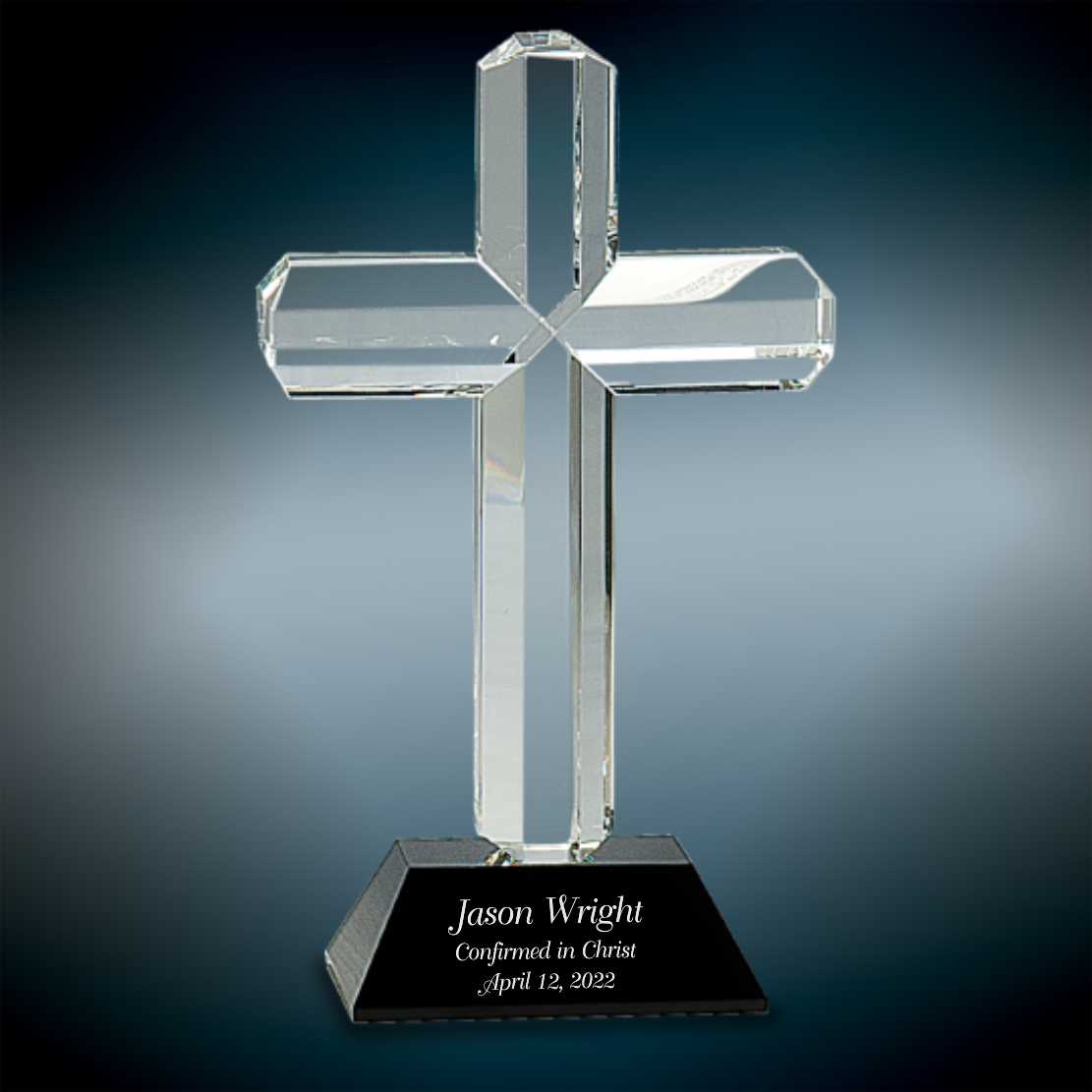 Engraved Crystal Cross on Black Base Engraved with your Confirmation.