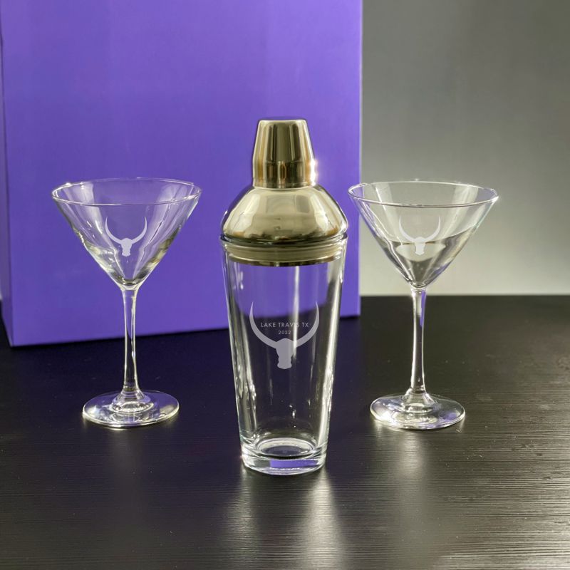 Engraved Jazz Glass Cocktail Shaker with 2 Stemmed Martini Glasses Purple Box Gift Set