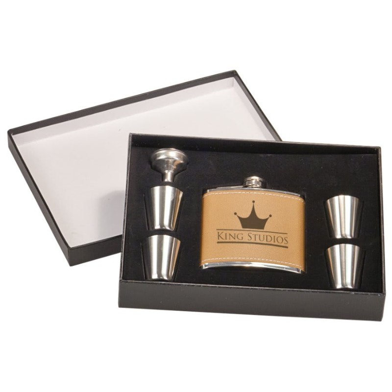 Personalized Leather Flask Gift Set with 4 Shot Glasses