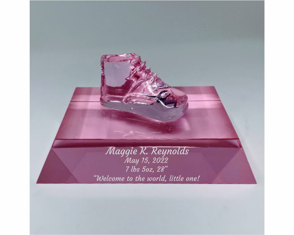 Personalized Pink Glass Baby Shoe Keepsake on Pink Crystal Base Emma