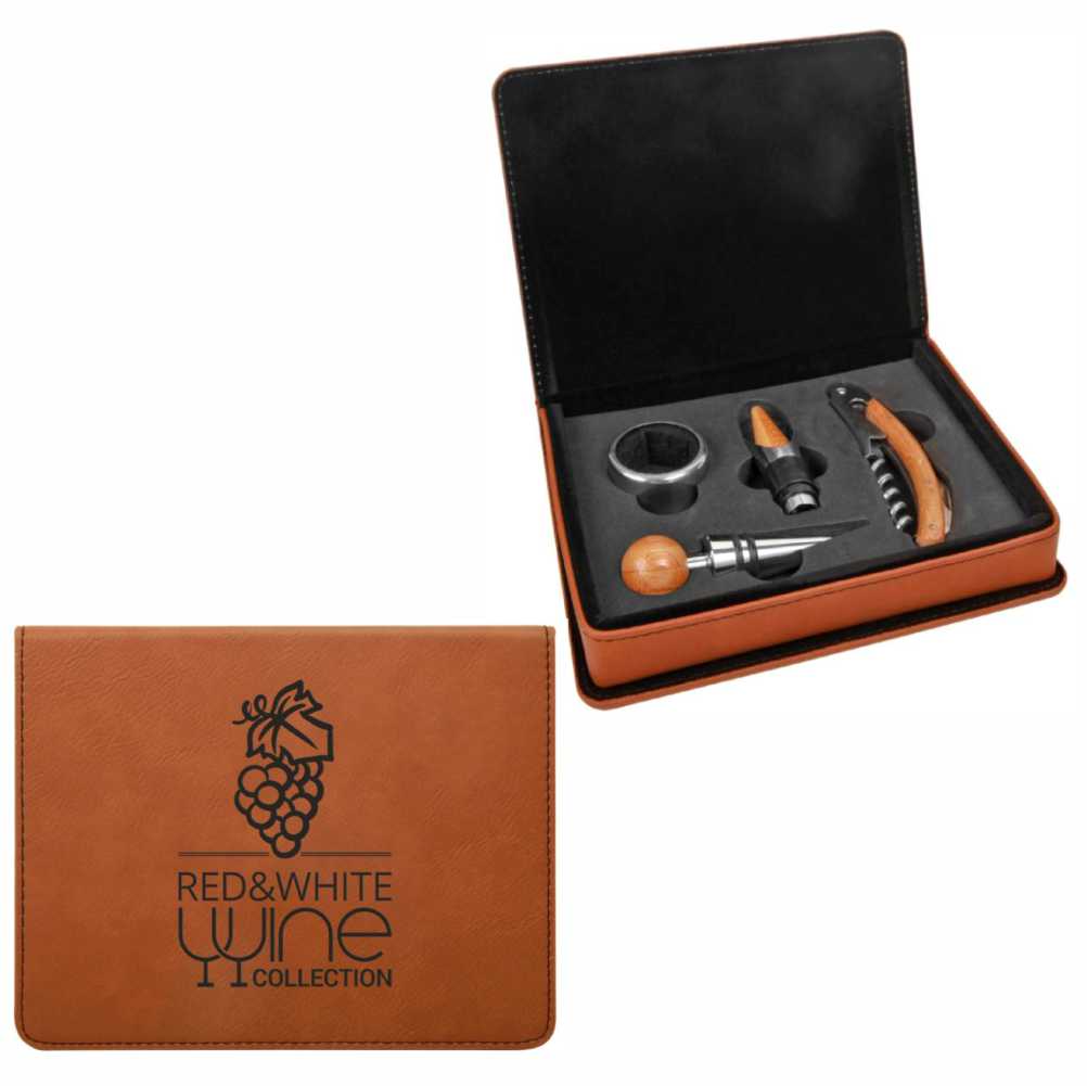 Engraved Rawhide Leatherette Wine Opener &  Stopper 4-Piece Gift Set