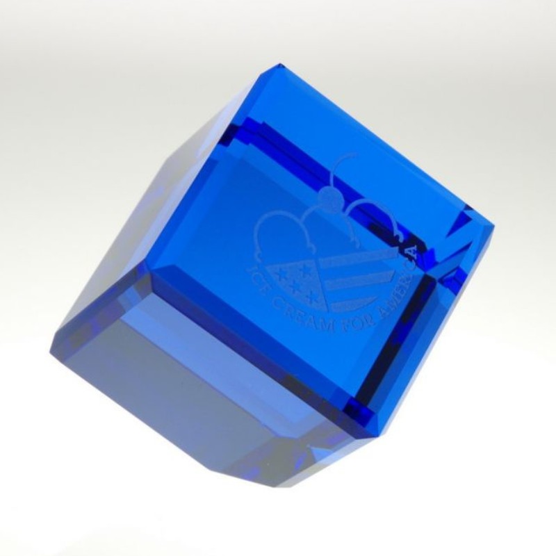 Standing Crystal Blue Customized Cube Paperweight Award