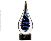 Art Glass Teardrop Award with Black and Blue Swirls