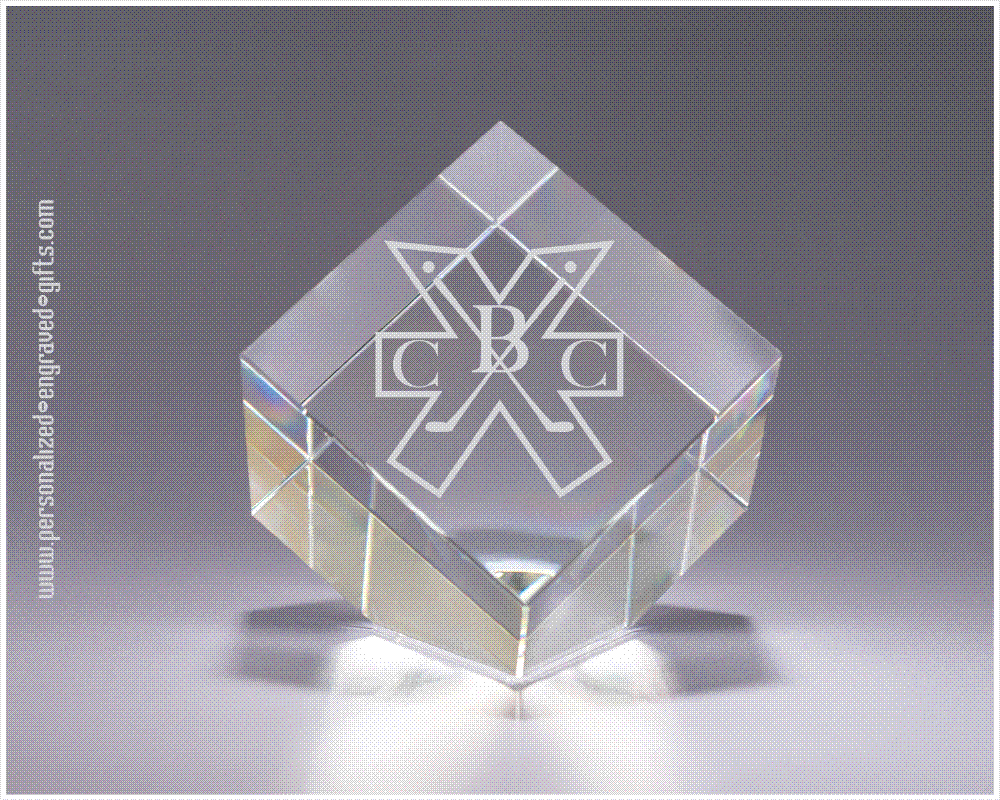 Triangle Bottom Standing Crystal Engraved Cube Paperweight