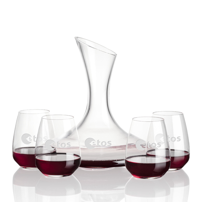 Crystal Carafe Engraved Marie Decanter Set of 4 Stemless Wine Glasses