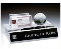 Engraved Crystal Name Plate, Business Card & Pen Holder with Globe