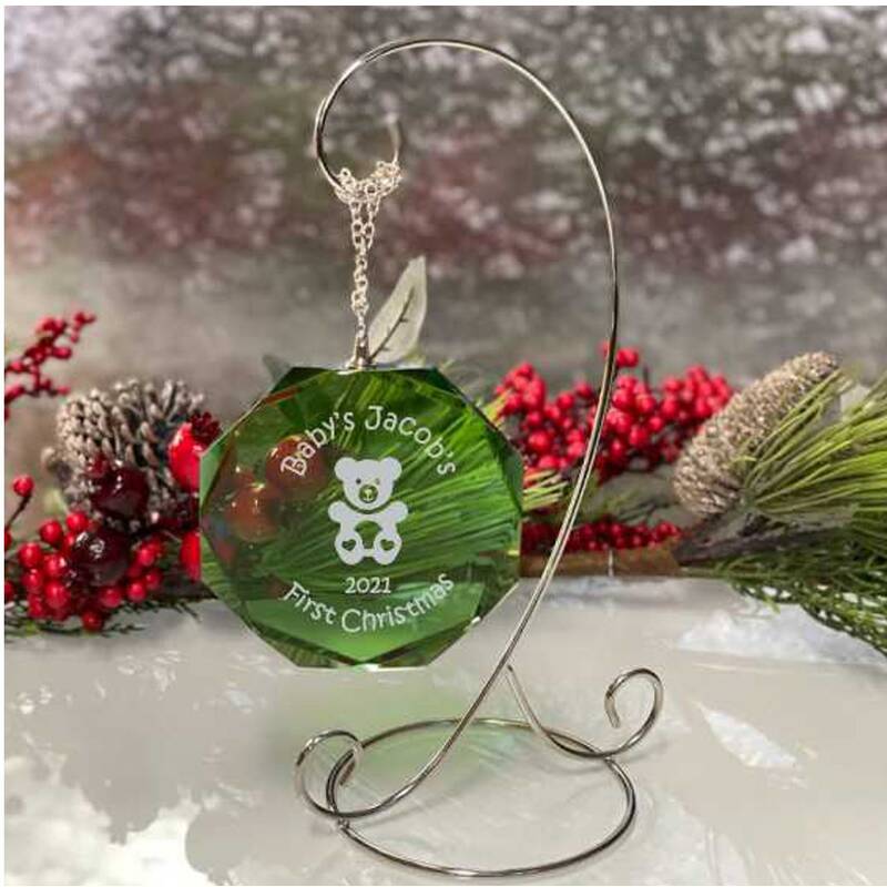 Engraved Green Crystal Octagon Ornament Engraved for the Holidays