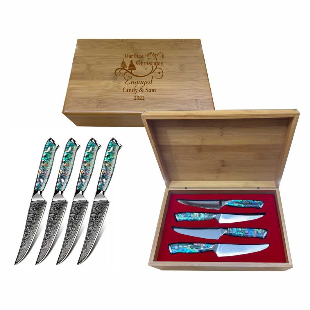 Personalized Damascus Steel Steak Knife Gift Set with Abalone Handle