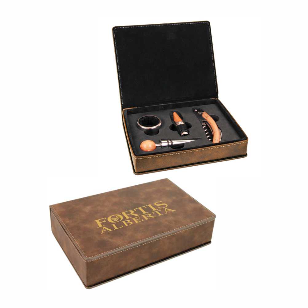 Personalized Rustic Leatherette Wine Opener &  Stopper 4-Piece Gift Set
