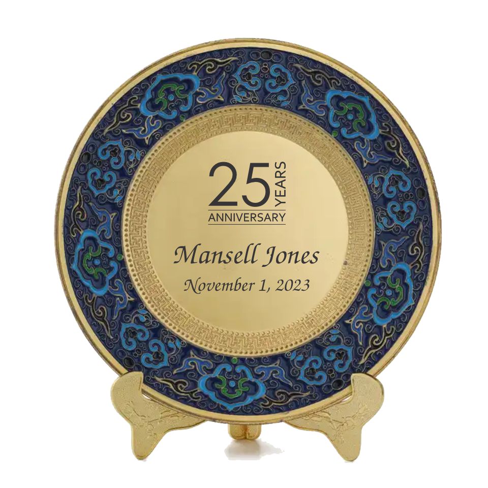 Gold Presentation Plate with Intricate Blue Enamel Border  - Jaxon