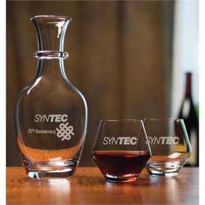 Engraved Decanter and 2 stemless wine glasses