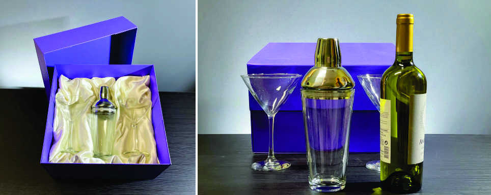 engraved glass cocktail shaker in gift box with 2 martini glasses