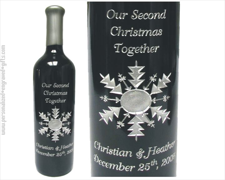 personalized engraved wine bottle with snowflake design deep engraved